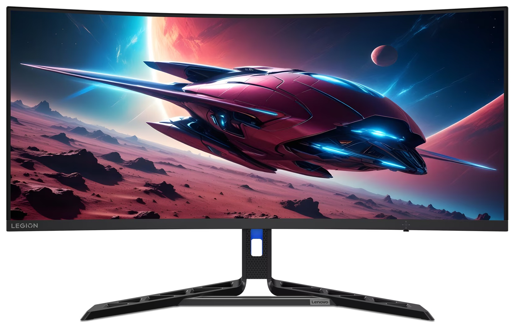 Zakrzywiony monitor do gier pokazujący statek kosmiczny w kosmosie. Monitor ma czarną podstawę.