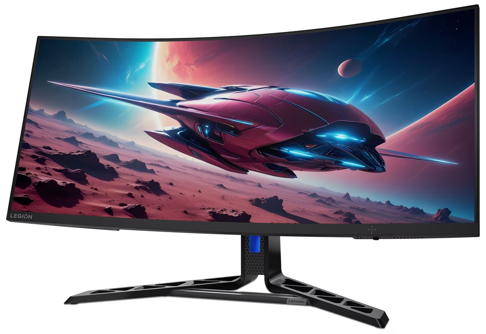 Zakrzywiony monitor do gier z obrazem statku kosmicznego i czarną podstawą.