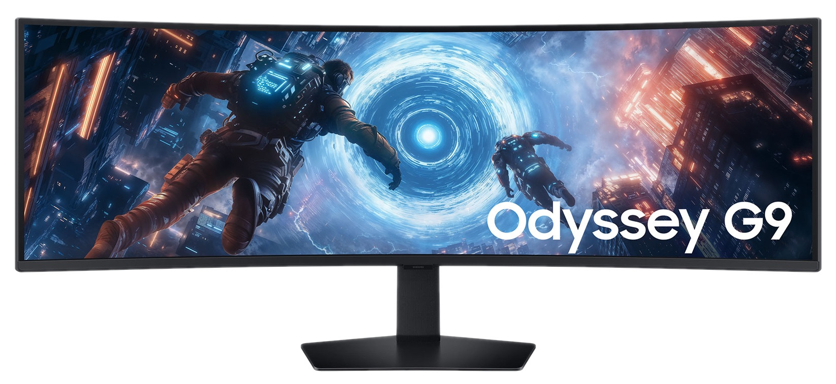 Zakrzywiony monitor Samsung Odyssey G9. Dwie postacie w futurystycznej scenie, tekst Odyssey G9.