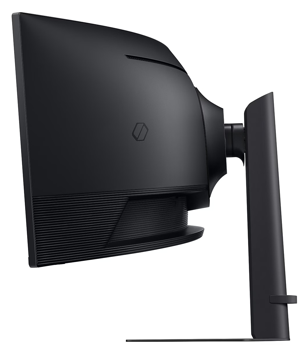 Czarny zakrzywiony tył monitora ze stojakiem, z otworami wentylacyjnymi i logo.