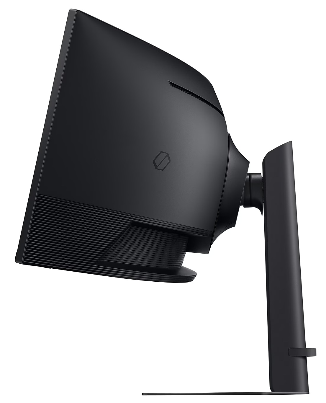 Czarny monitor komputera, widok z boku, pokazujący zakrzywioną konstrukcję.