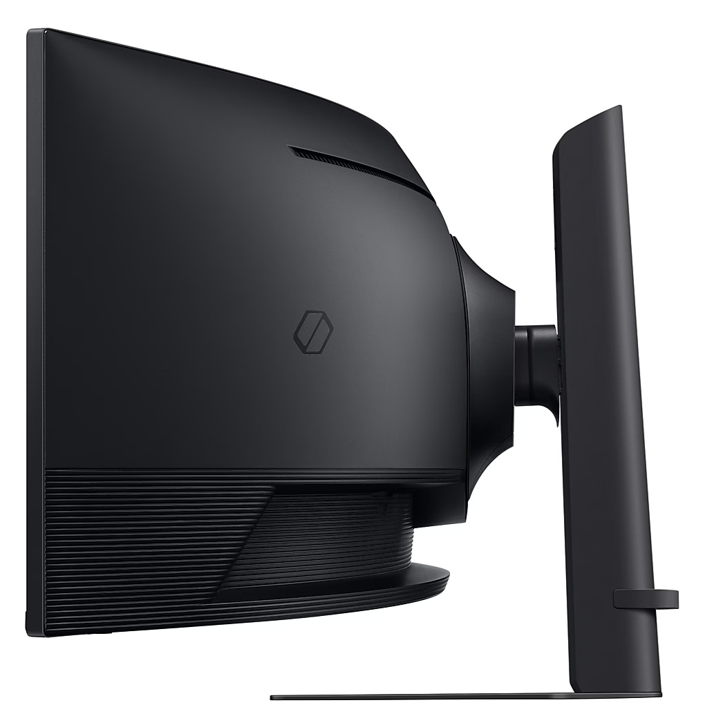 Widok z boku zakrzywionego czarnego monitora komputera ze stojakiem.