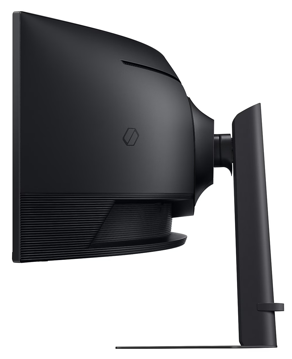 Widok z boku czarnego monitora komputera z zakrzywionym ekranem i podstawką.