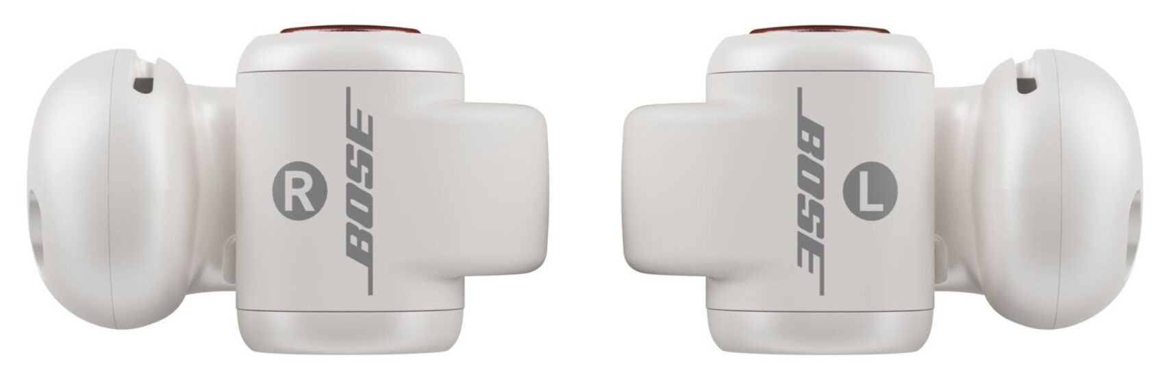 Dwie białe słuchawki Bose, jedna oznaczona 'R', a druga 'L'.