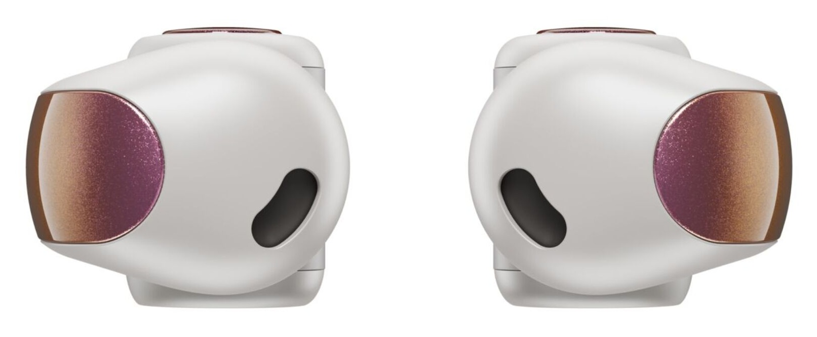 Dwie białe słuchawki z fioletowymi akcentami.