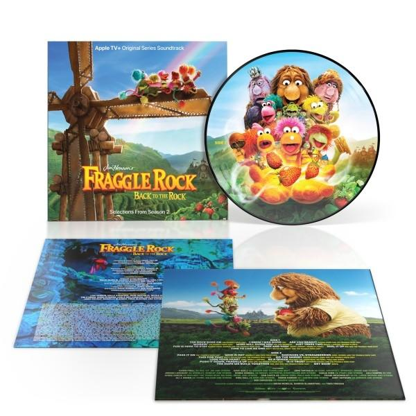 Fraggle Rock Albumverpackung und Schallplatte. Verpackung: bunte Bilder von Charakteren. Schallplatte: Charaktere auf Disc.