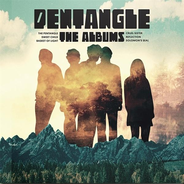 Albumcover mit Silhouetten von Bandmitgliedern, Text und einer Naturszene.