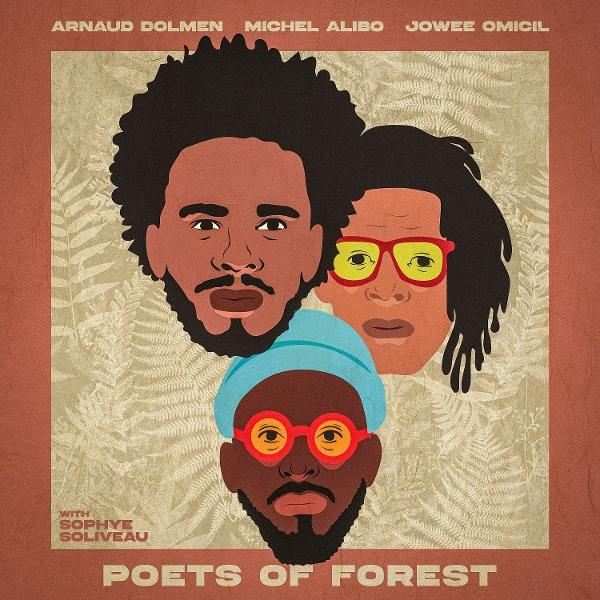 Albumcover 'Poets of Forest', drei Gesichter, farbenfrohes Design und Text unten.