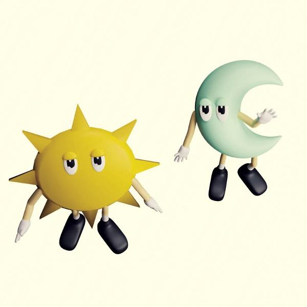 Animierte Sonne und Mond Figuren. Sonne ist gelb, Mond hellblau.
