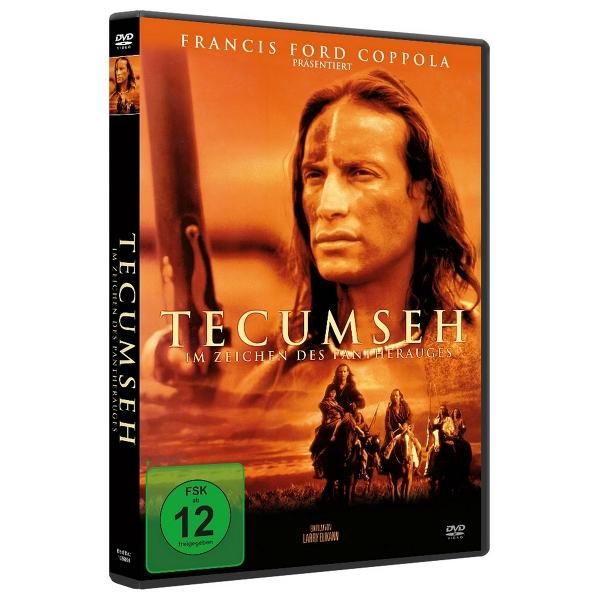DVD-Cover: Tecumseh. Ein Porträt eines Mannes mit langen Haaren und eine Szene von Reitern.