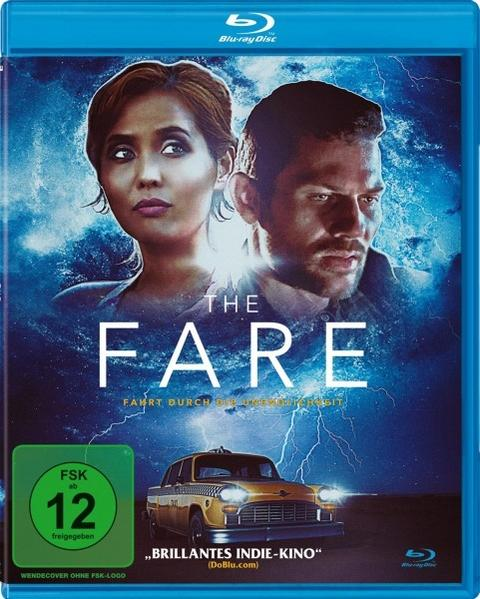Filmcover: Zwei Gesichter, ein gelbes Taxi und ein blauer Himmel. Text: "THE FARE".