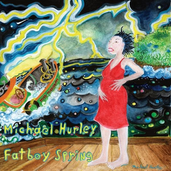 Albumcover: schwangere Frau in rotem Kleid, Boot, Titel: Fatboy Spring von Michael Hurley.