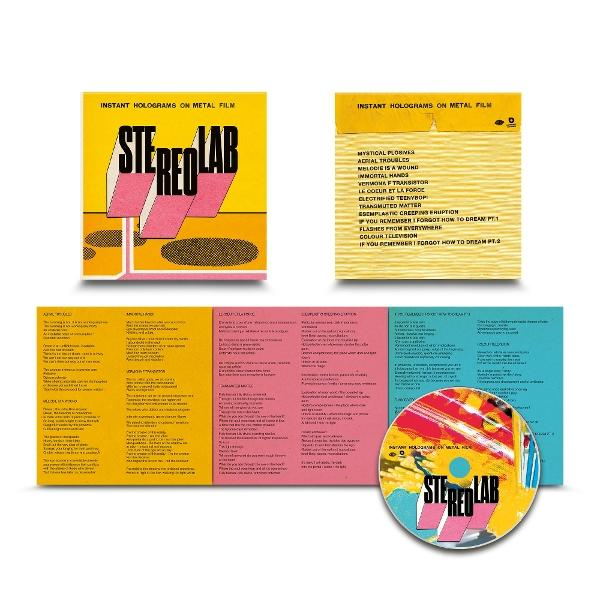 Albumcover: 'Stereolab'. Pinkes, gelbes, blaues und schwarzes Design mit Texten und CD.