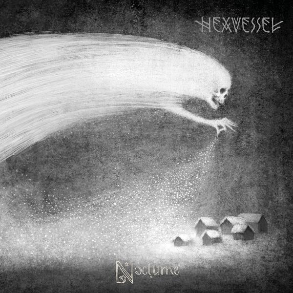 Monochromes Albumcover mit einer geisterhaften Figur und Häusern. Dunkle, unheimliche Atmosphäre.