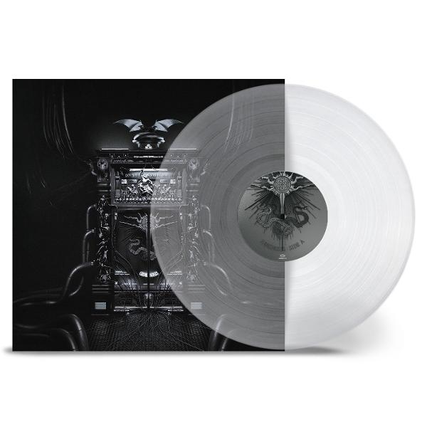 Eine klare Vinylplatte mit einem Schwarz-Weiß-Albumcover auf der linken Seite.