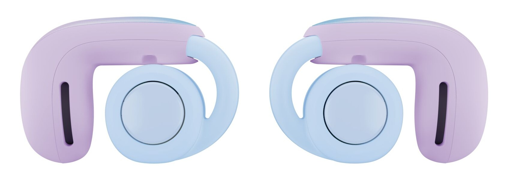 Dwie pary fioletowo-niebieskich bezprzewodowych słuchawek, widok z boku, na białym tle.