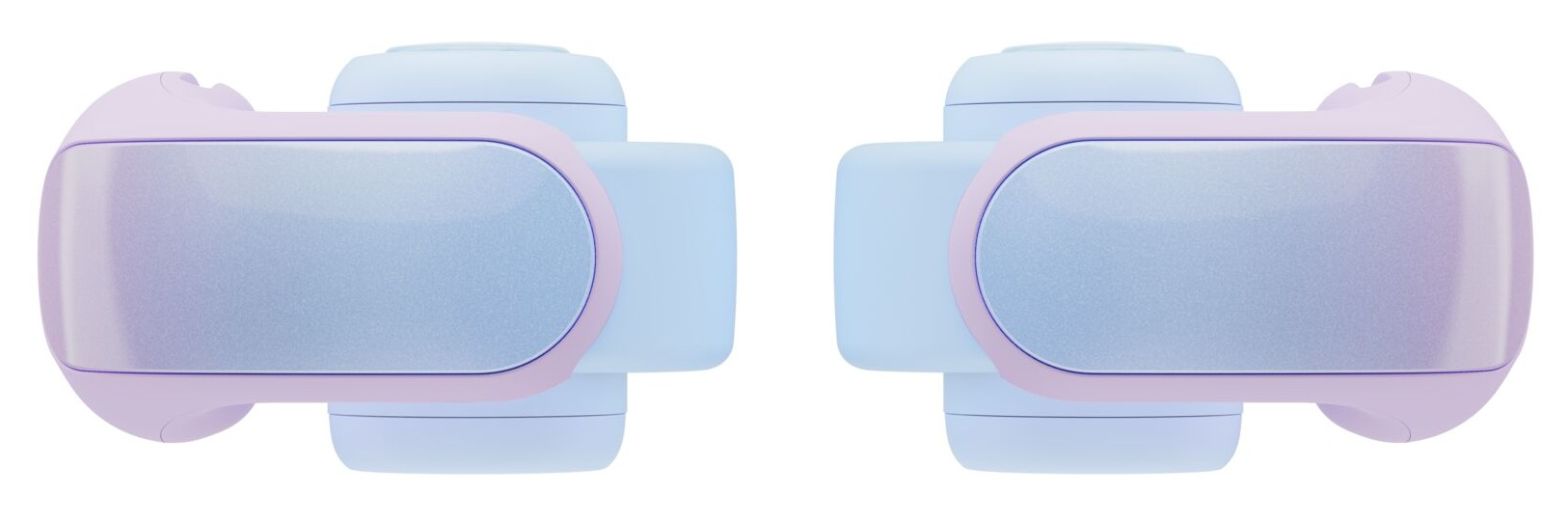 Dwa jasnoniebieskie i fioletowe uchwyty do drzwi, widoczne z góry, na białym tle.