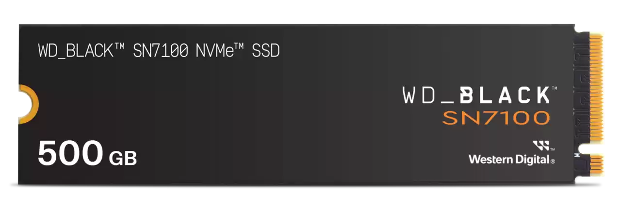 Czarny dysk SSD z białym tekstem: WD_BLACK SN7100, 500GB.