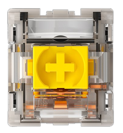 Zbliżenie przełącznika klawiatury mechanicznej, żółty trzpień w kształcie krzyża, przezroczysta obudowa.