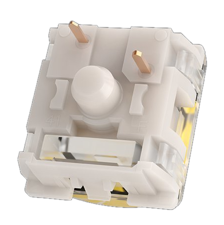 Biały i przezroczysty przełącznik klawiatury mechanicznej z dwoma złotymi pinami i białym tłokiem.