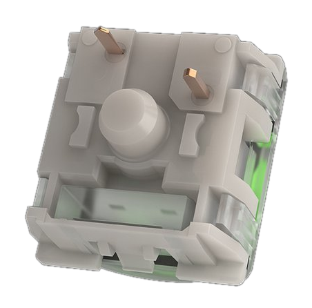 Mechaniczny przełącznik klawiatury z jasnoszarą obudową, miedzianymi pinami i białym trzpieniem.