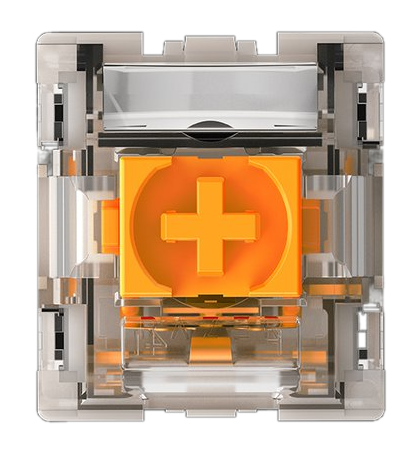 Zbliżenie przekroju mechanicznego przełącznika klawiatury, pokazujące elementy wewnętrzne.