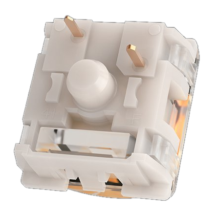 Zbliżenie białego przełącznika klawiatury mechanicznej ze złotymi pinami.