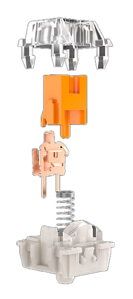 Widok rozstrzelony przełącznika klawiatury mechanicznej, pokazujący pomarańczowe i przezroczyste elementy.