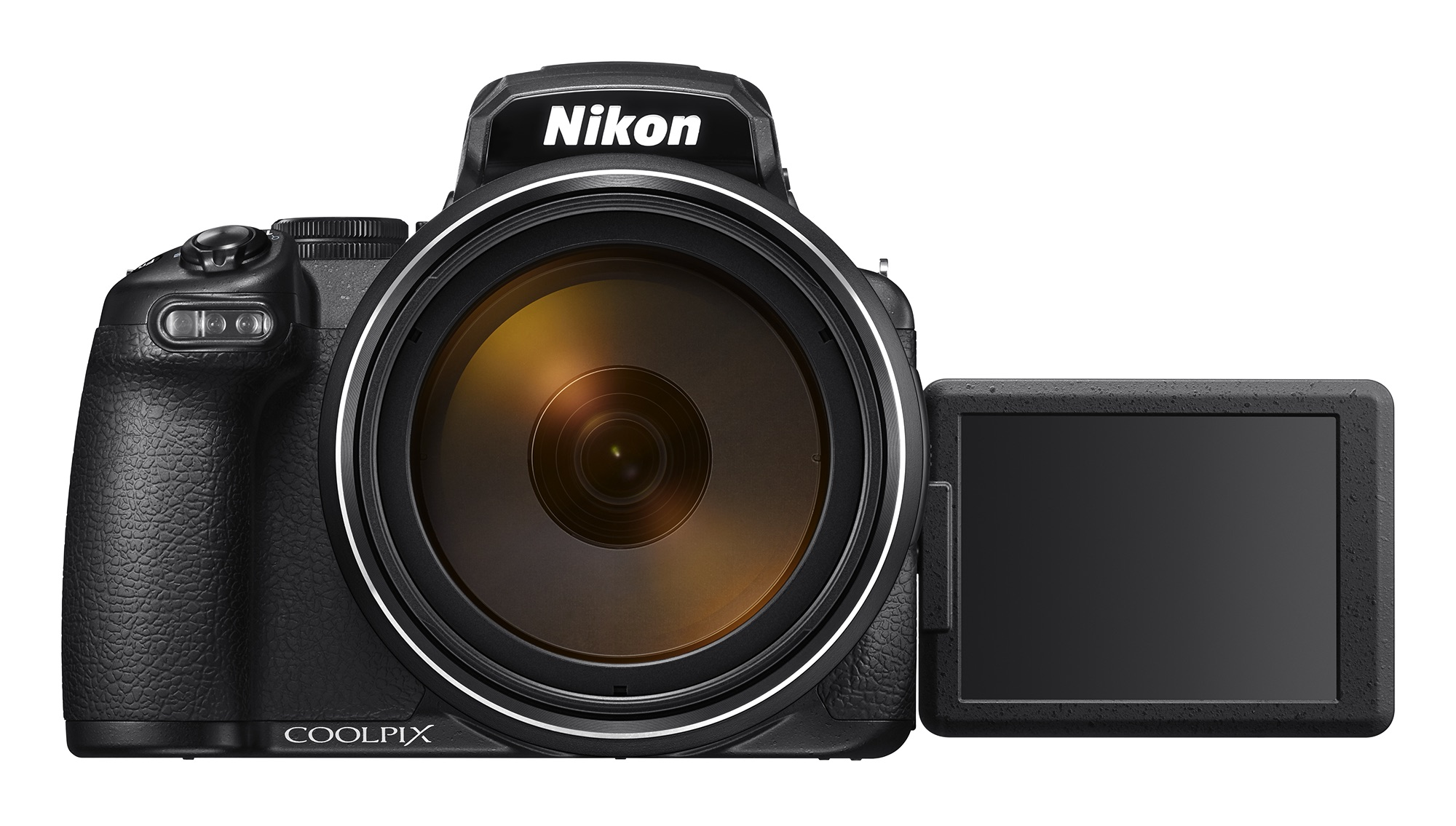 Nikon COOLPIX fotoğraf makinesi, siyah, önden görünüm, ekran açık.