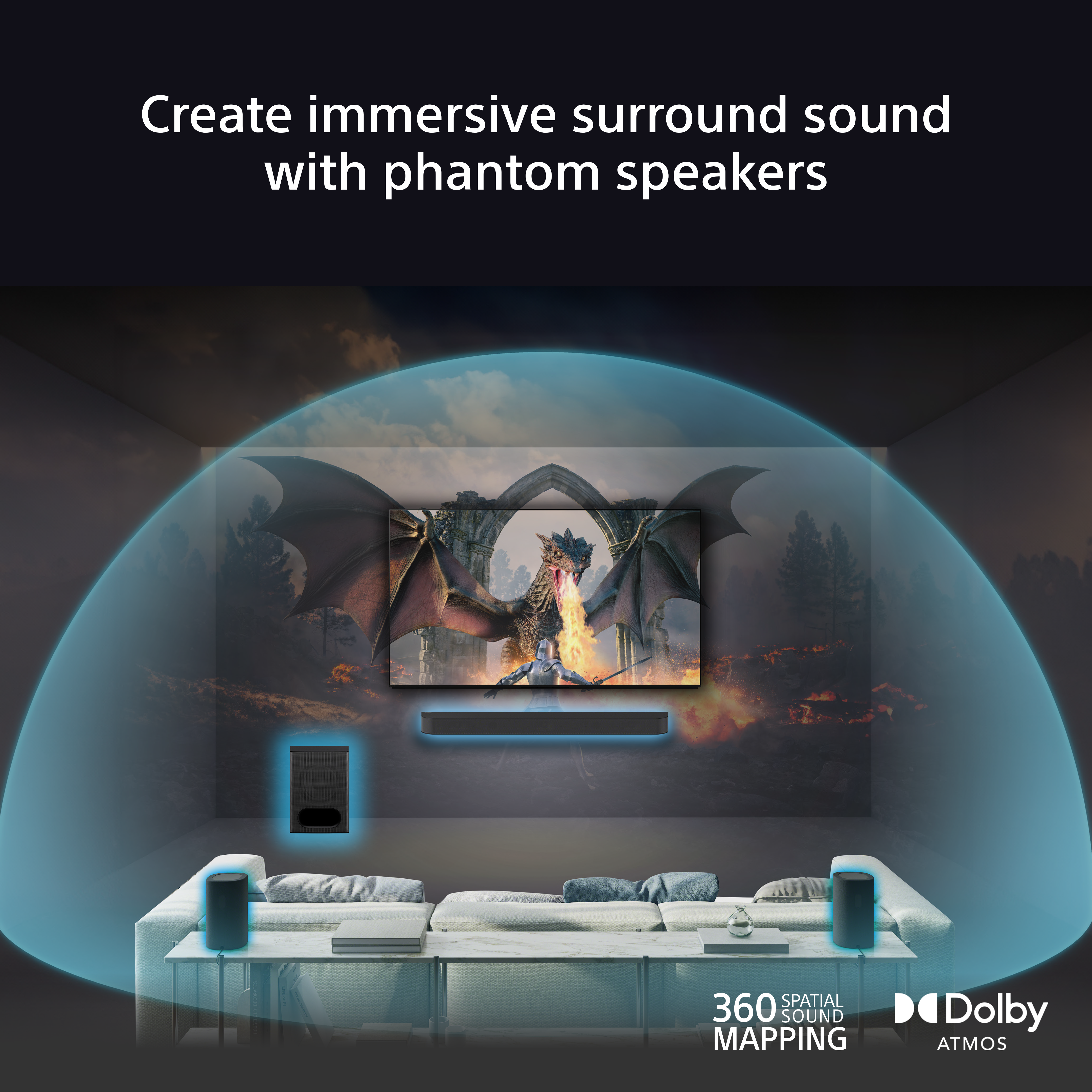 Wohnzimmer mit Fernseher, der eine Drachenszene zeigt, Phantom-Lautsprecher und Dolby Atmos-Logo.