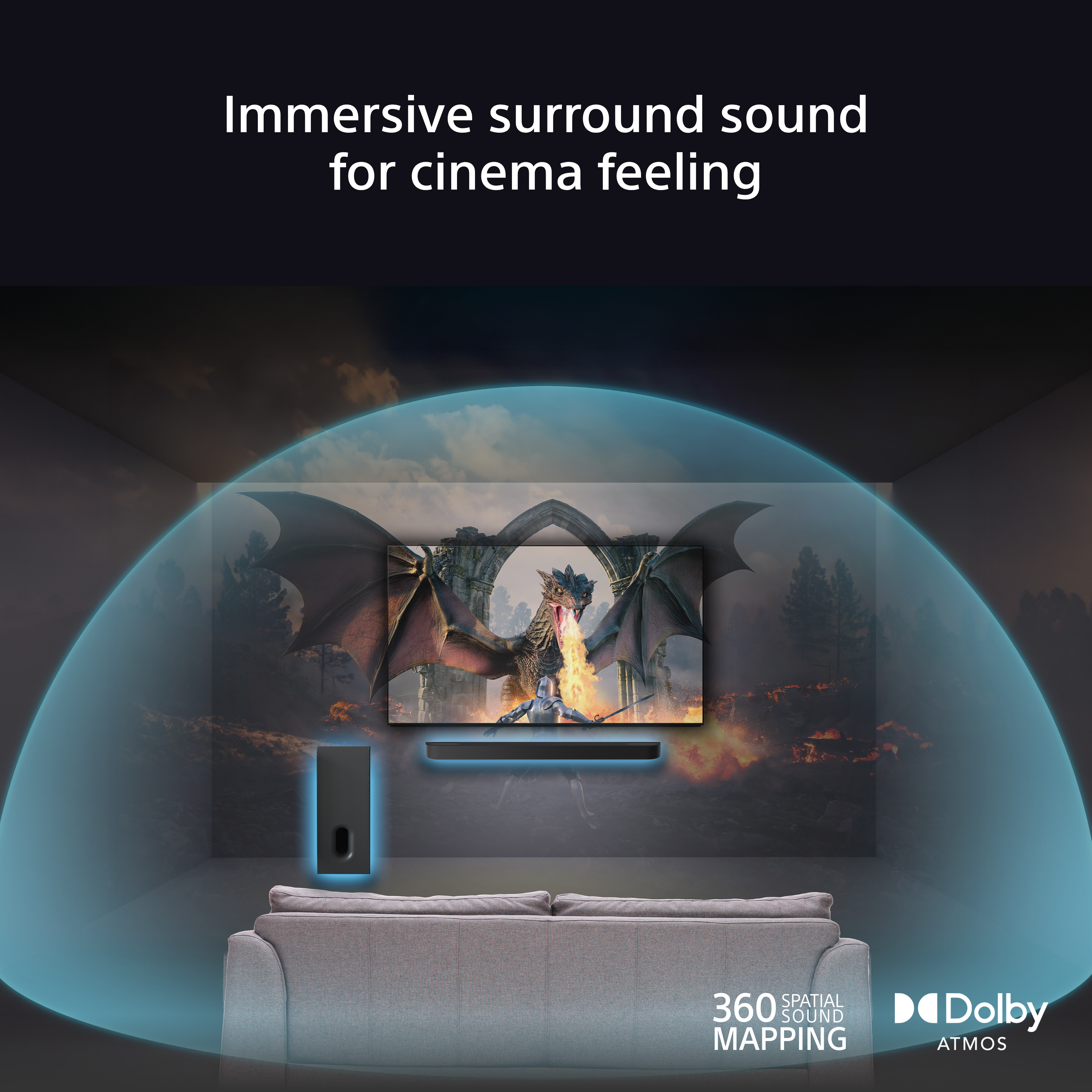 Ein Raum zeigt einen Fernseher mit Drachenbild, Soundbar, Subwoofer und Sofa. Text: Immersiver Surround-Sound für Kino-Feeling.