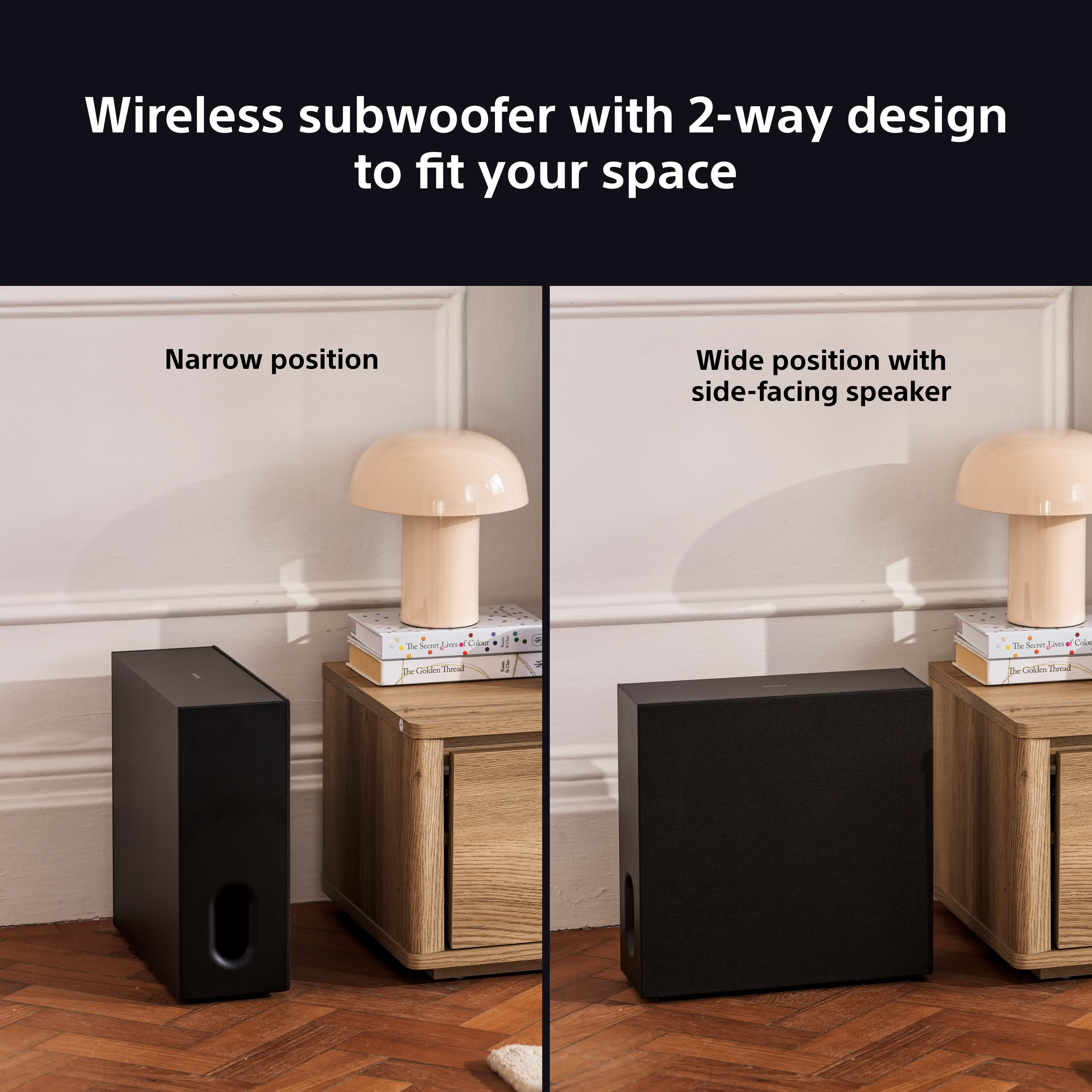 Zwei schwarze Subwoofer mit Lampe, eng und breit positioniert auf Tisch.