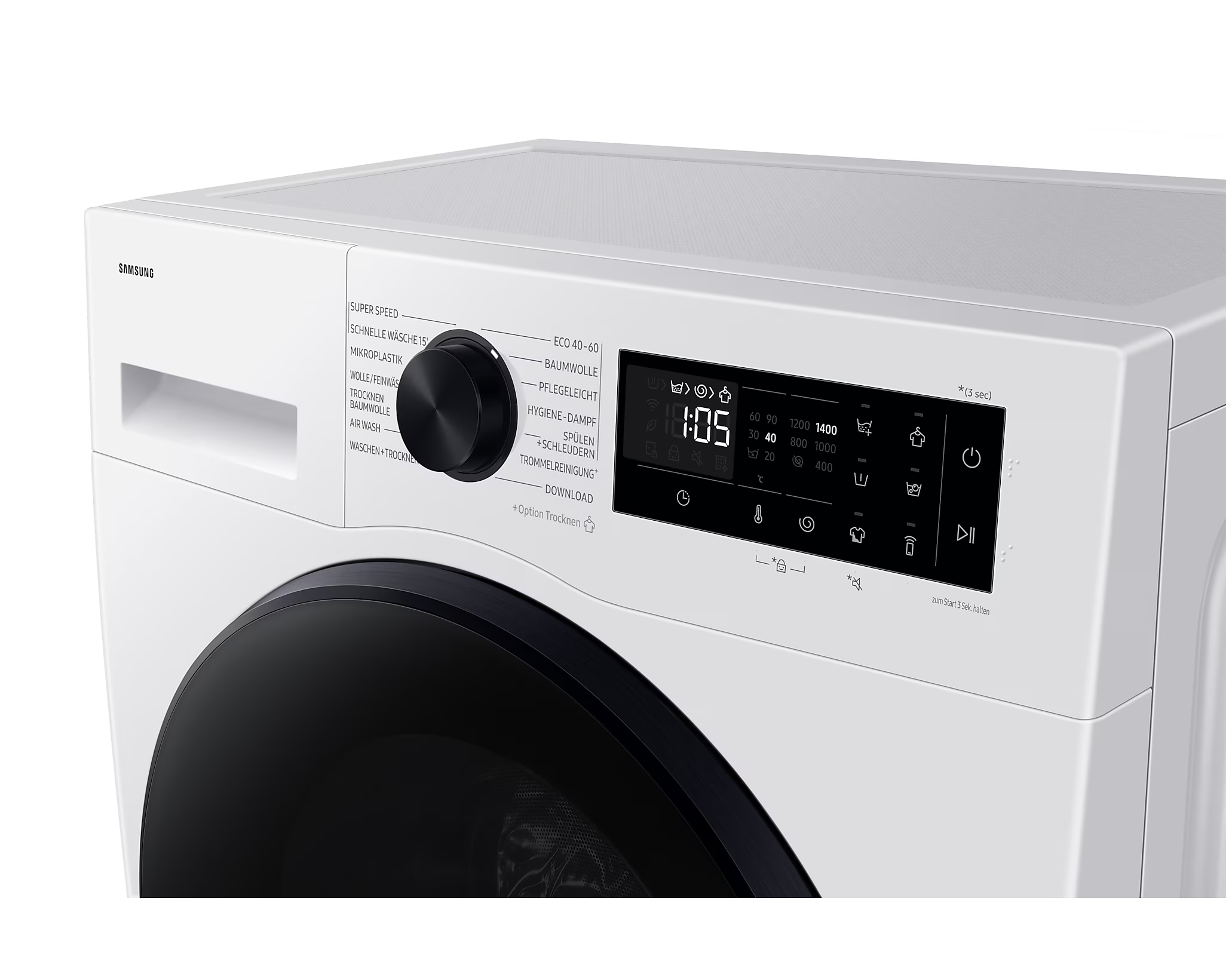 Eine weiße Samsung Waschmaschine mit schwarzem Drehregler und digitaler Anzeige.