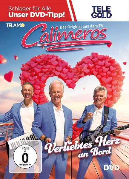 DVD-Cover. Drei Männer in blauen Anzügen und ein großes Herz aus roten Herzen auf einem Schiff.