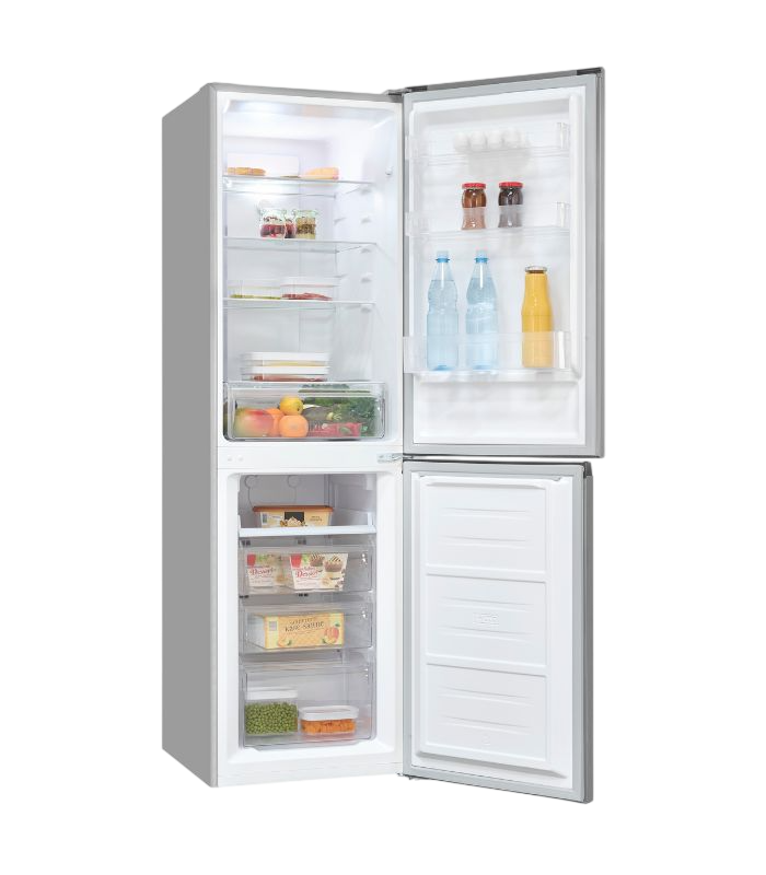 Kühlschrank mit geöffneten Türen, voller Speisen und Getränke, weiß und silber.
