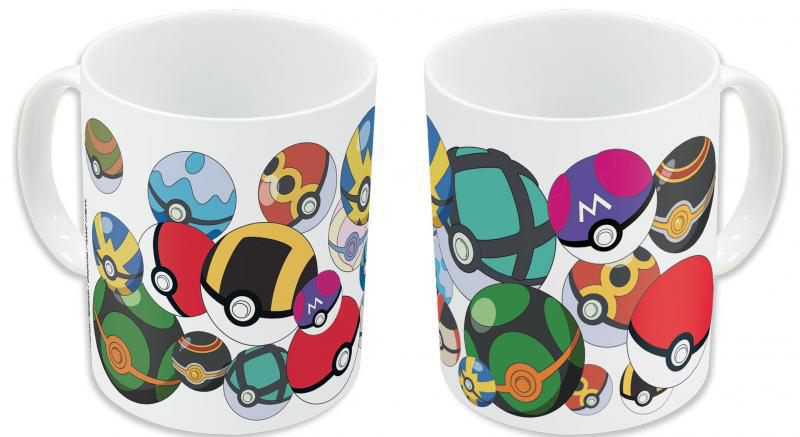 Zwei weiße Tassen mit Pokémon-Charakteren und Pokéballs. Bunte Designs.