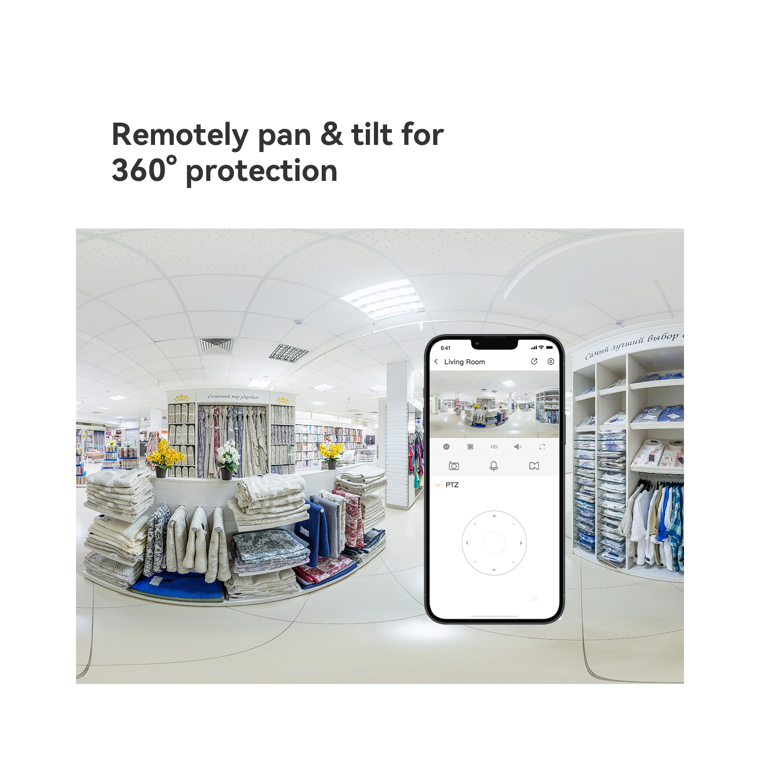 A mobile phone screen displaying a store's interior, with a 360° view.