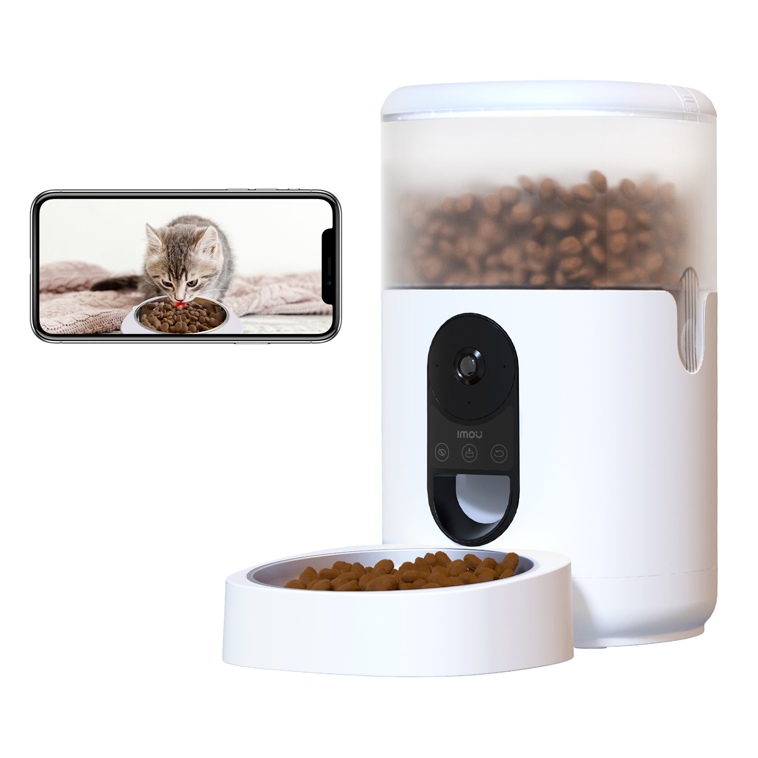 Een witte voederautomaat voor huisdieren met een kattenafbeelding op een telefoonscherm. Voer in de kom.