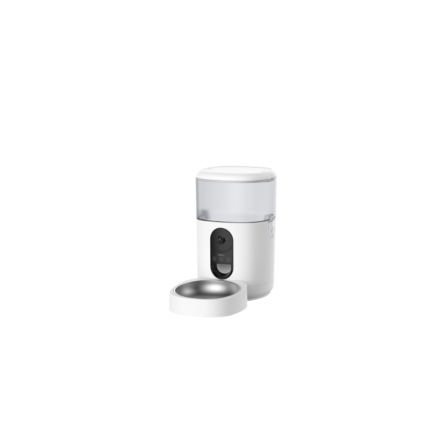 White pet feeder with a food bowl and control panel, standing on a white surface.
