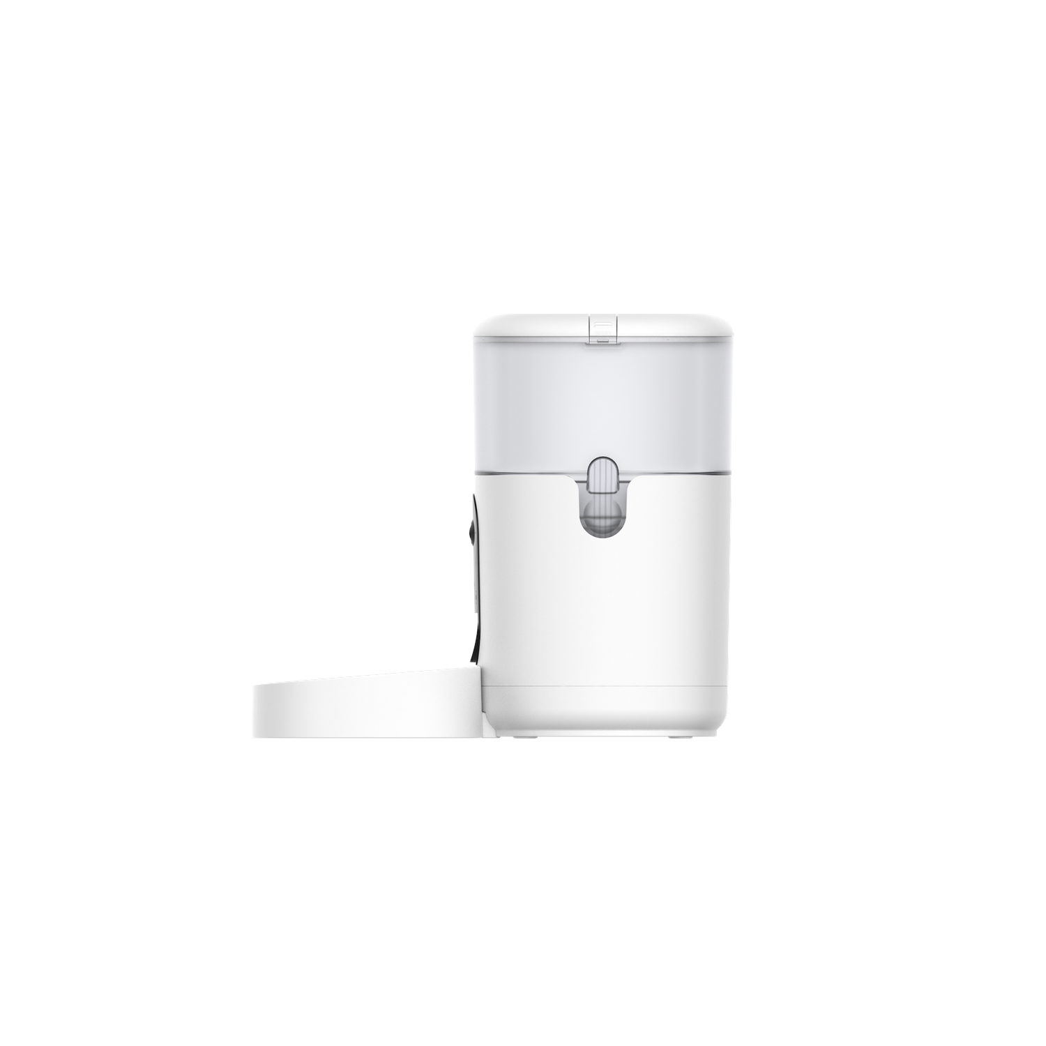 White pet food dispenser with a food bowl. Clean, minimalist design.