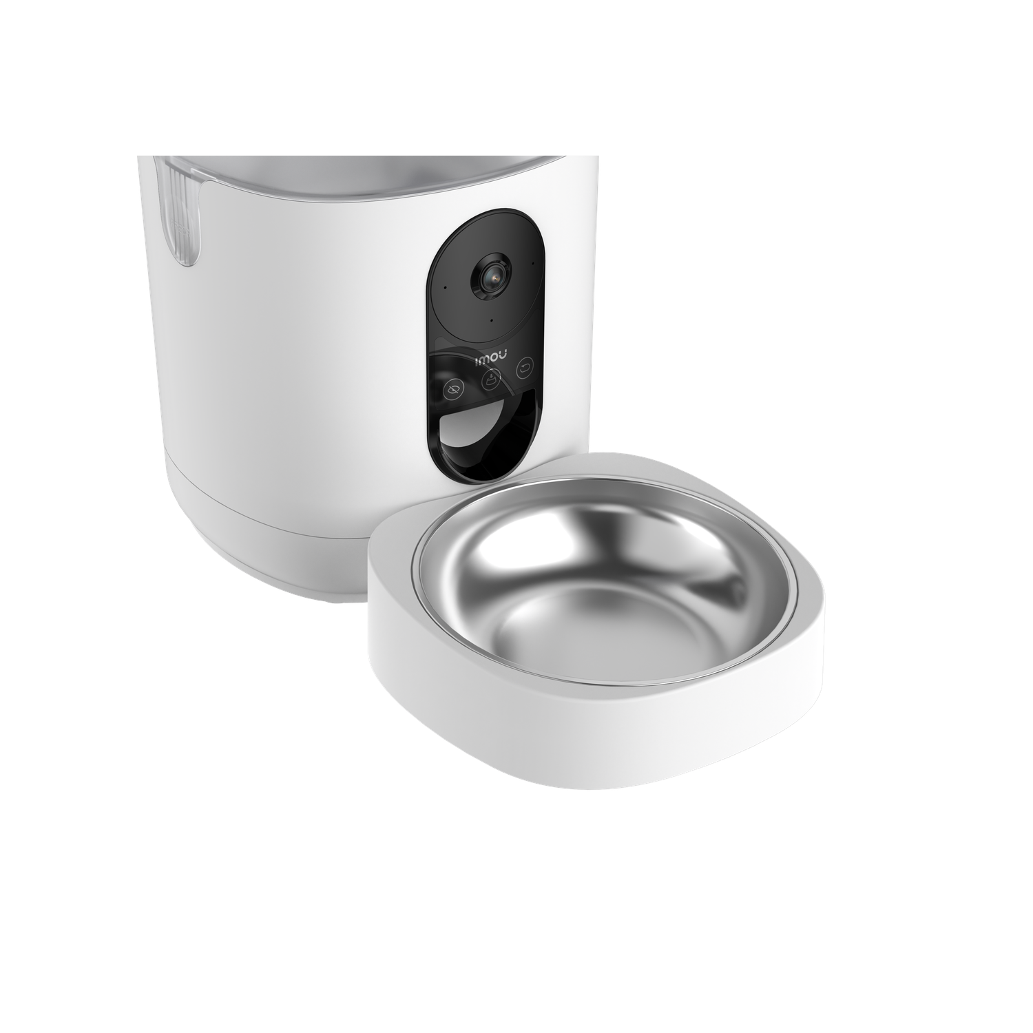White pet feeder with camera and stainless steel bowl.