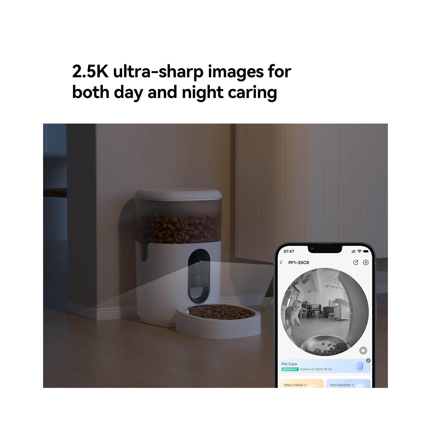 A pet food dispenser with a phone displaying a live feed of a pet. Day and night mode.