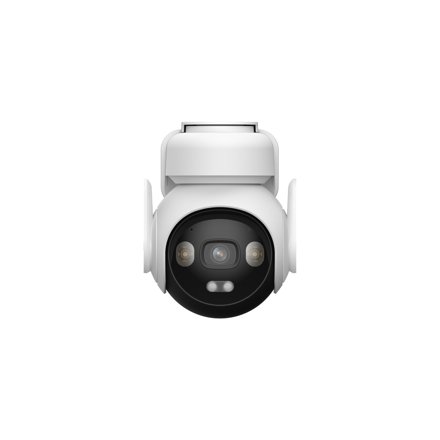 Een witte beveiligingscamera met een zwarte lens, twee zijantennes en een witte basis.