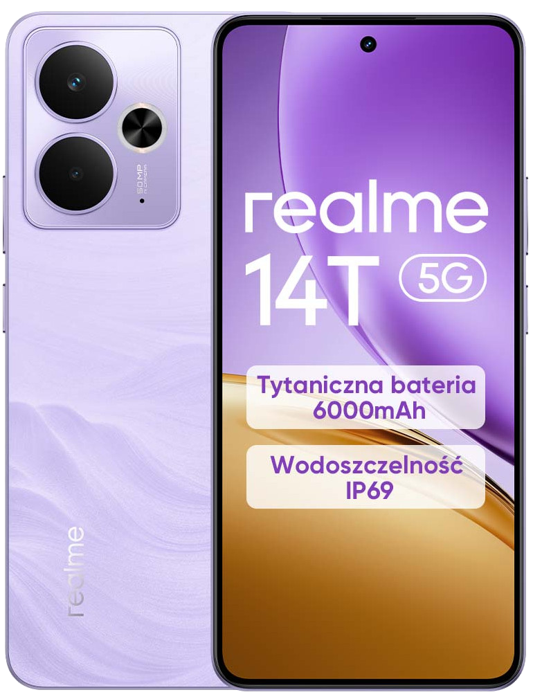 Telefon Realme 14T 5G, fioletowy tył z aparatami. Ekran wyświetla tekst: Realme, 14T, 5G i bloki informacyjne.