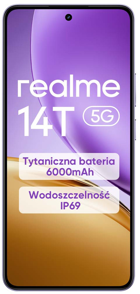 Fioletowy telefon Realme 14T 5G. Tekst podkreśla baterię i wodoodporność IP69.
