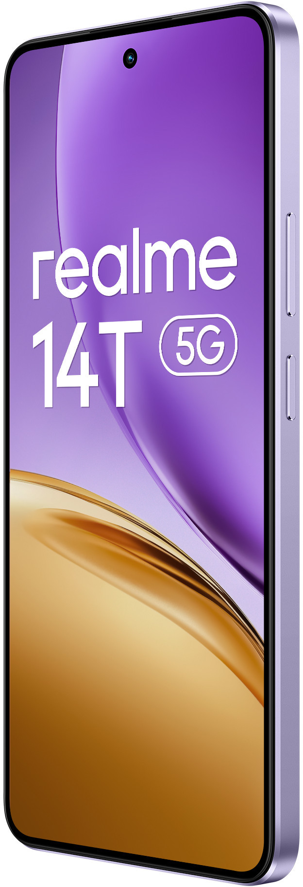 Fioletowy telefon Realme 14T 5G w perspektywie, z abstrakcyjnym wzorem na ekranie.