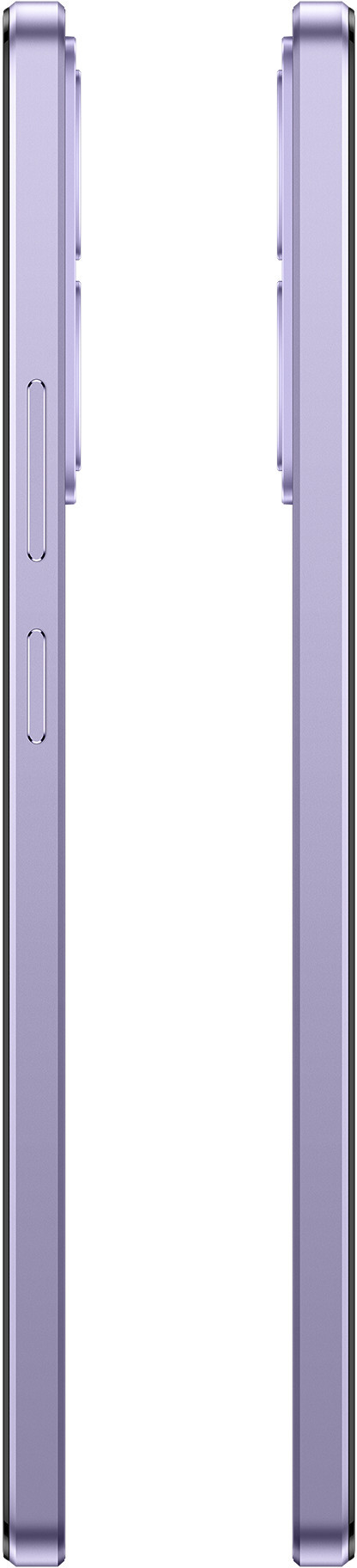 Dwa boki fioletowego smartfona, pokazujące ramkę, przyciski i konfigurację kamery.