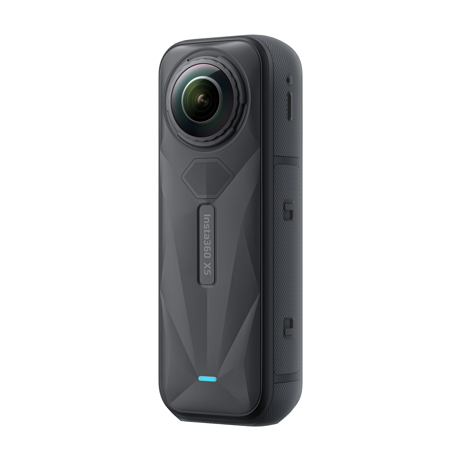 Fotocamera Insta360 X5 nera. Forma cilindrica con un obiettivo su ogni lato e testo Insta360 X5.