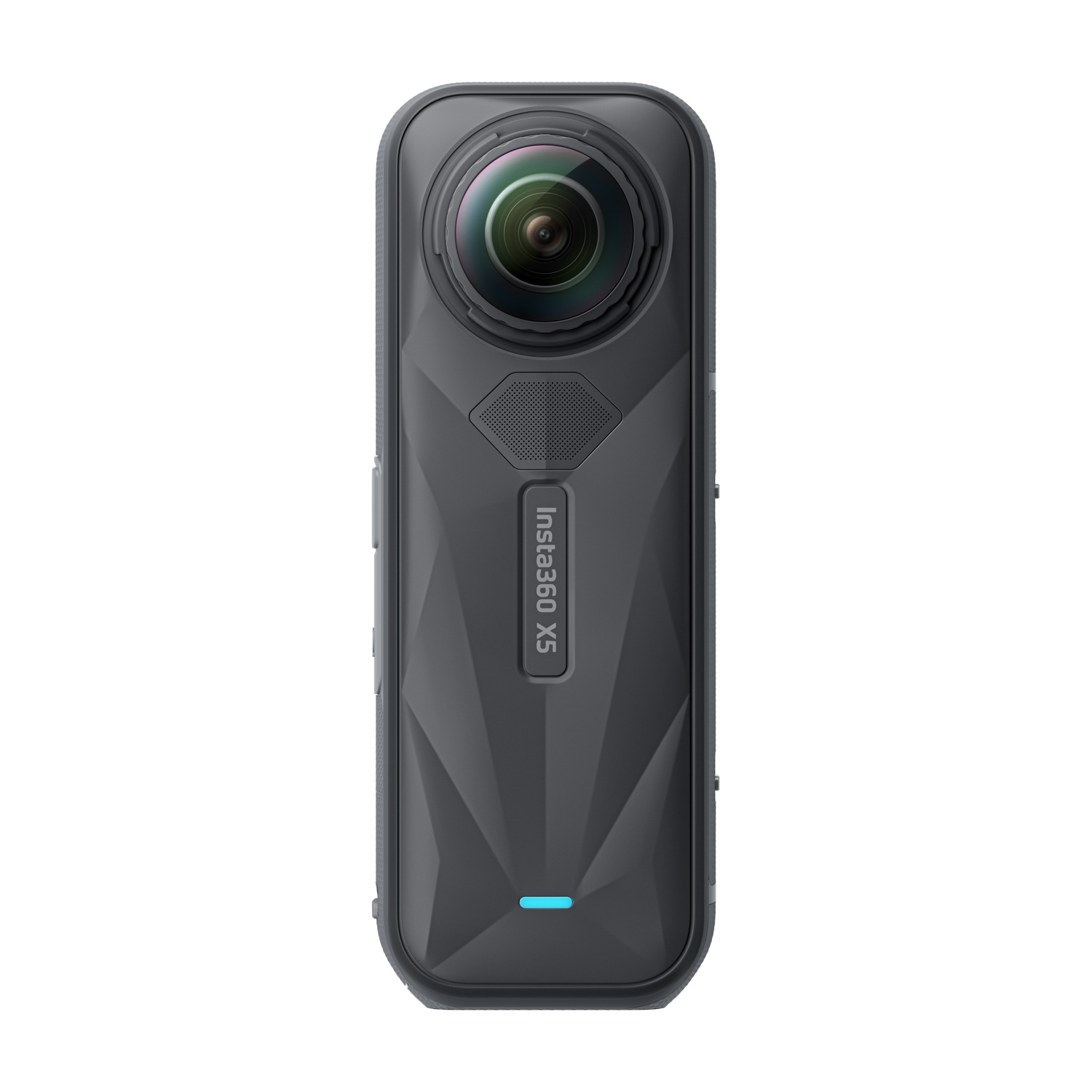 Fotocamera Insta360 X5 nera, forma cilindrica, obiettivo al centro.