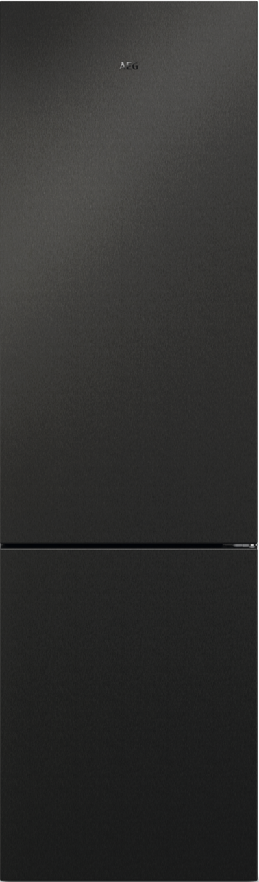 Schwarzer Kühlschrank mit zwei Türen und dem Markennamen AEG.
